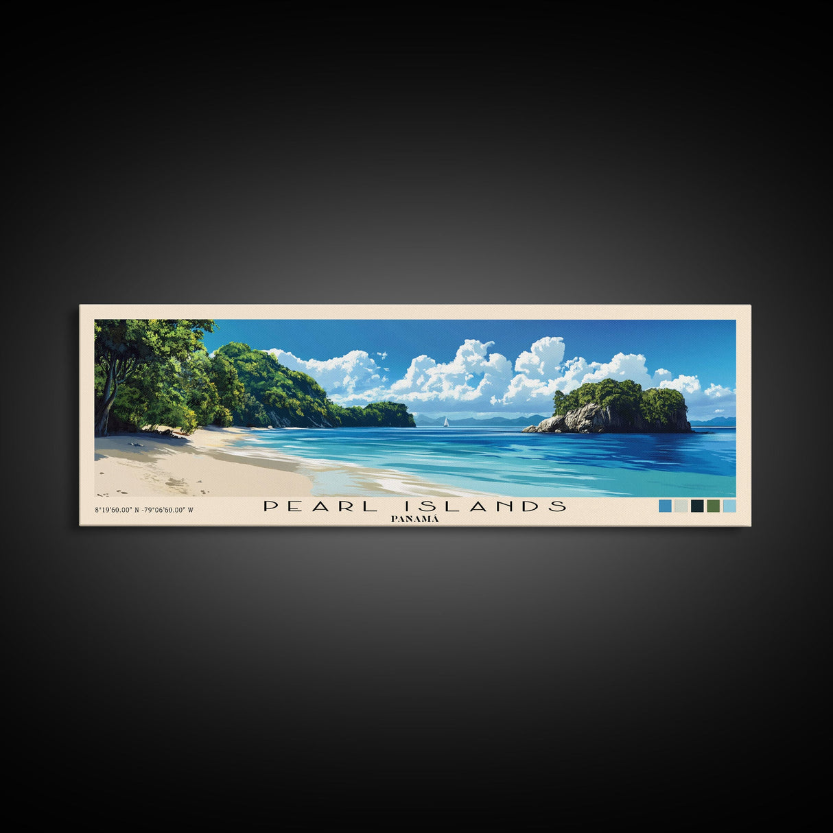 Pearl Islands, Panamá Panoramic Beach Print, Vacation Gift, Panamá Wall Art, Framed Canvas Print, Framed Beach Painting