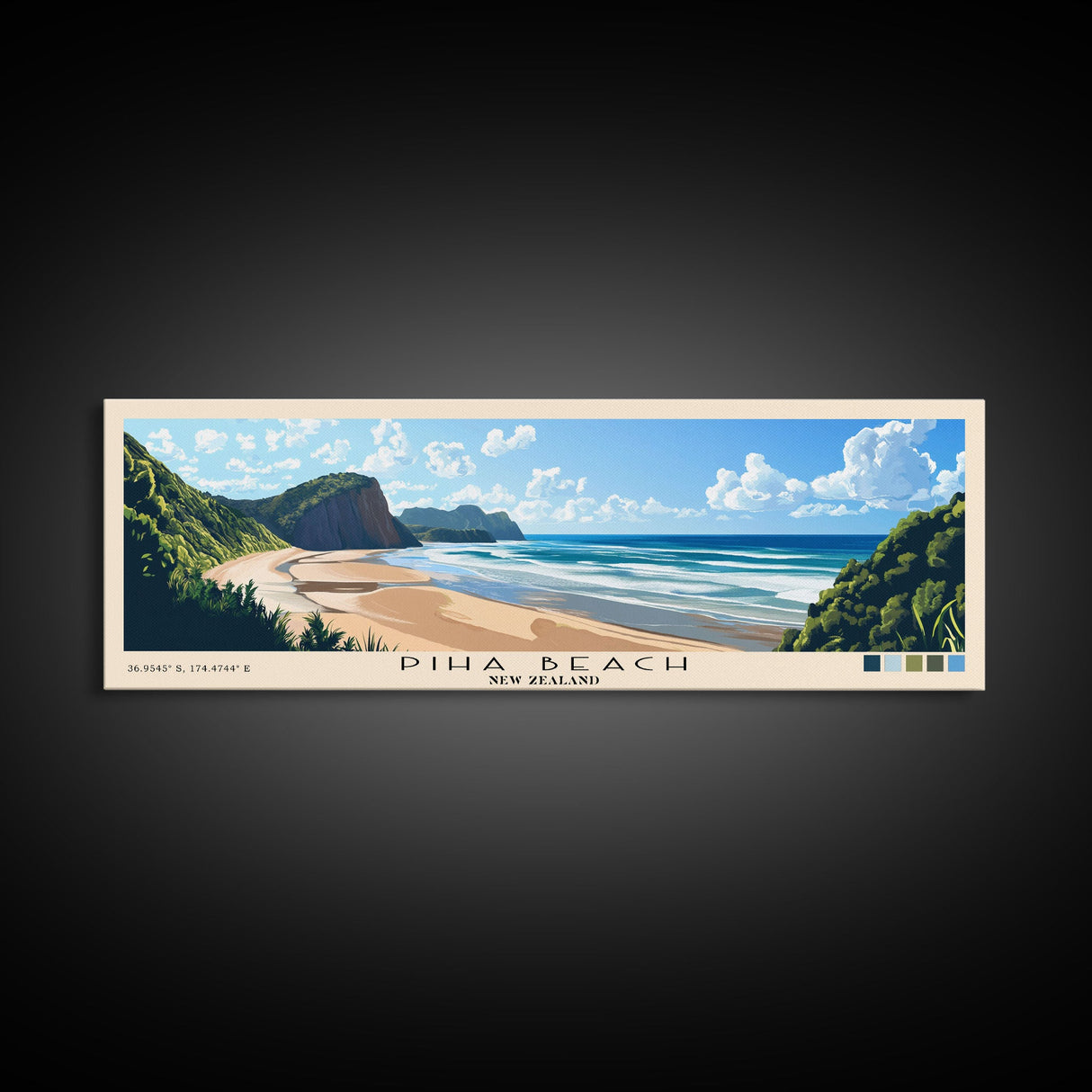 Piha Beach, New Zealand Panoramic Print, Vacation Gift, New Zealand Wall Art, Beach Painting, Beach Decor, Beach Or Lakehouse Art