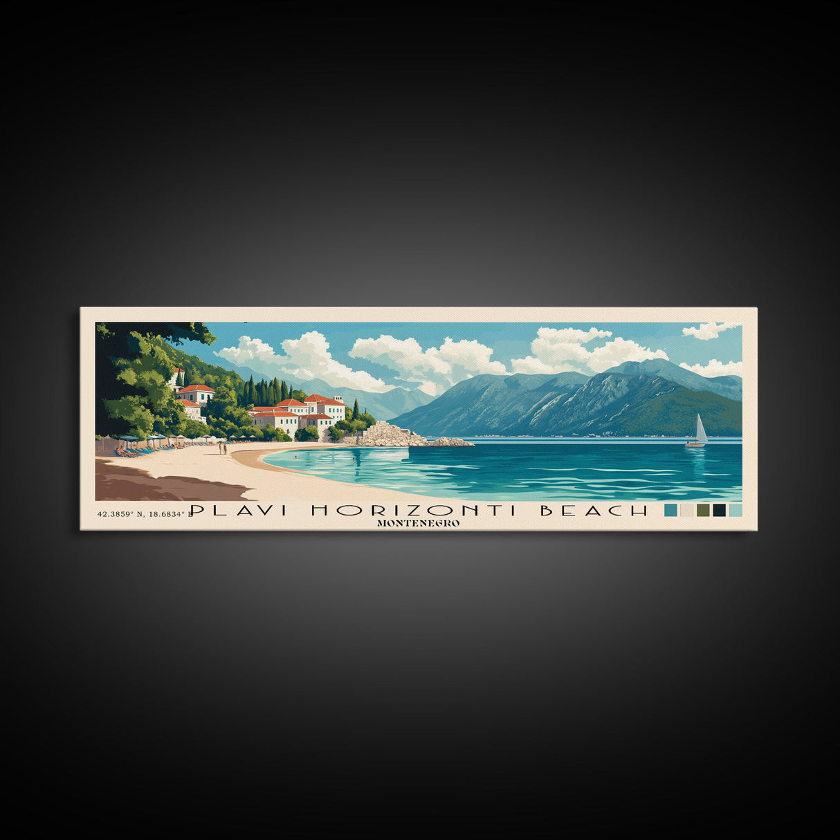 Plavi Horizonti Beach, Montenegro Panoramic Print, Vacation Gift, Montenegro Wall Art, Beach Painting, Beach Decor, Large Wall Art, Wood Frame Art