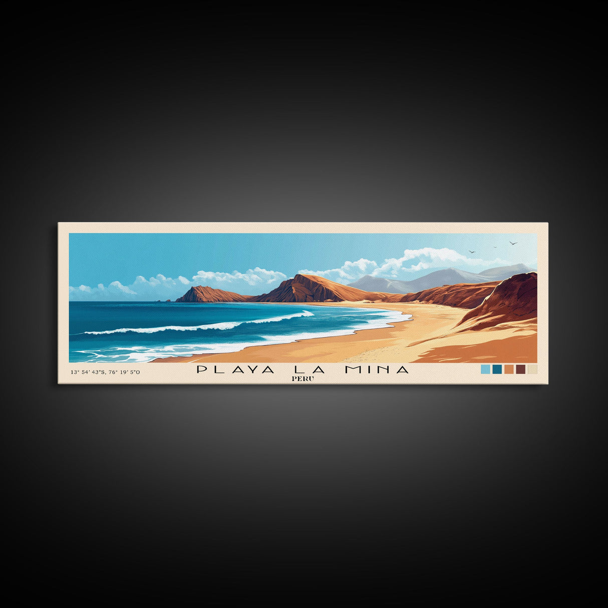 Playa La Mina, Peru Panoramic Beach Print, Vacation Gift, Peru Wall Art, Framed Canvas Print, Framed Beach Painting