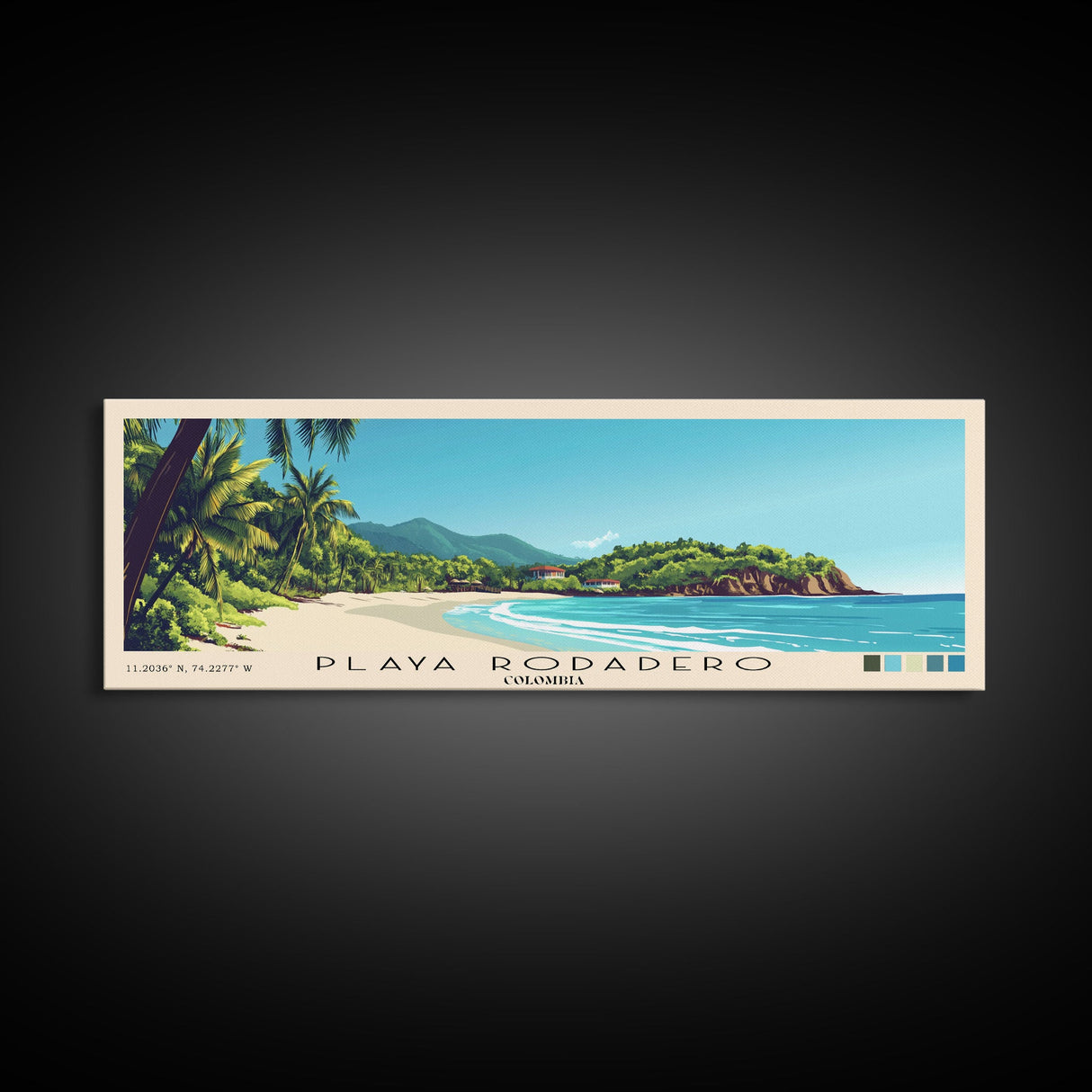 Playa Rodadero, Colombia Panoramic Beach Print, Vacation Gift, Colombia Wall Art, Framed Canvas Print, Framed Beach Painting