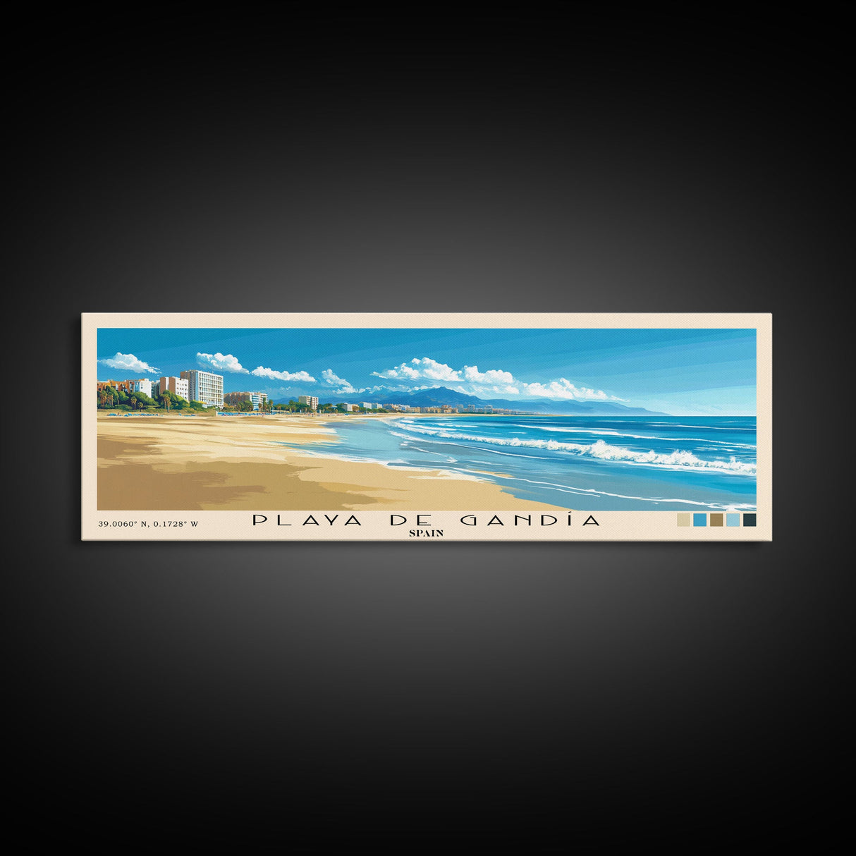 Playa de Gandía, Spain Panoramic Beach Print, Vacation Gift, Spain Wall Art, Beach Painting, Beach Decor, Beach Painting