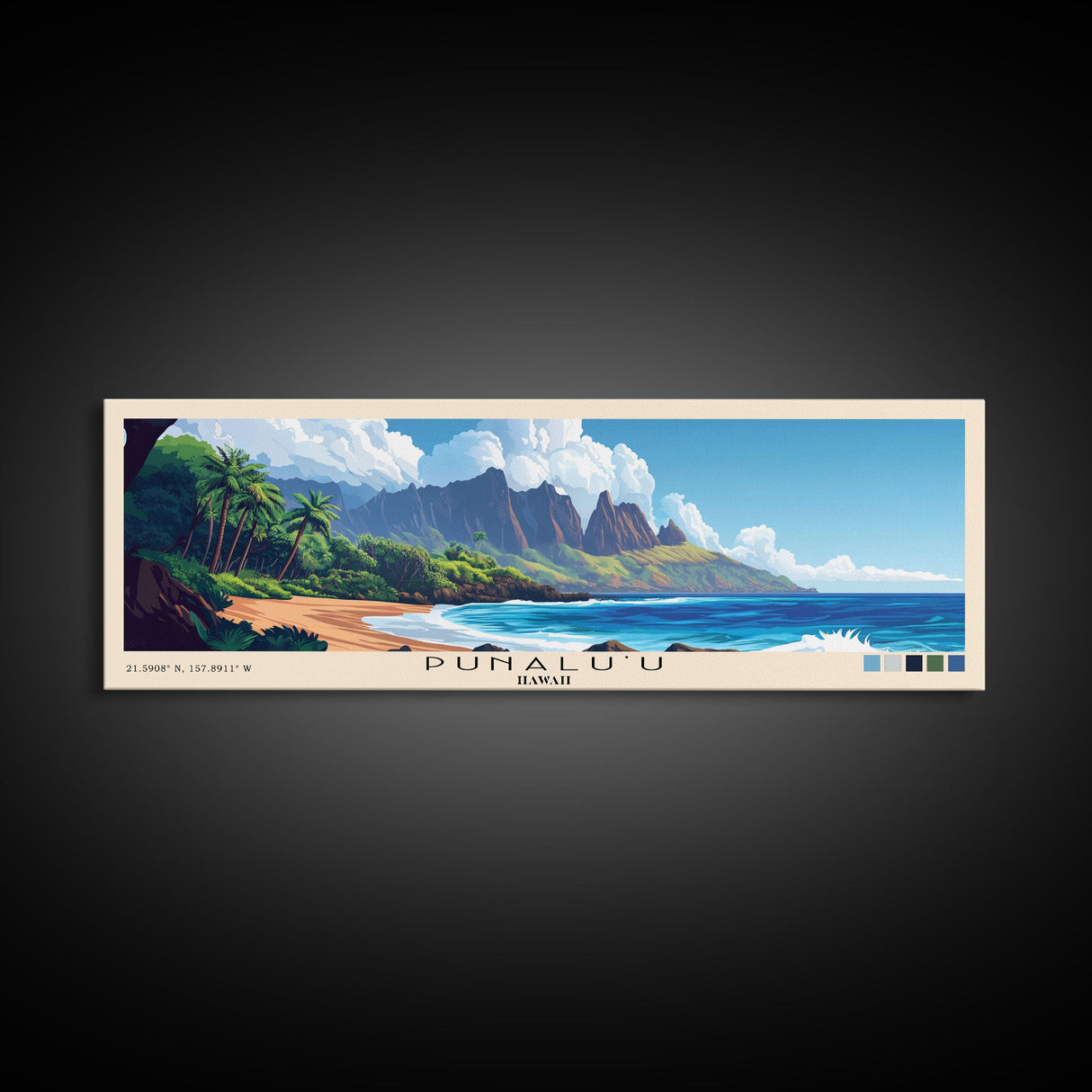 Punalu’u, Hawaii Panoramic Beach Print, Vacation Gift, Hawaii Wall Art, Framed Canvas Print, Framed Beach Painting