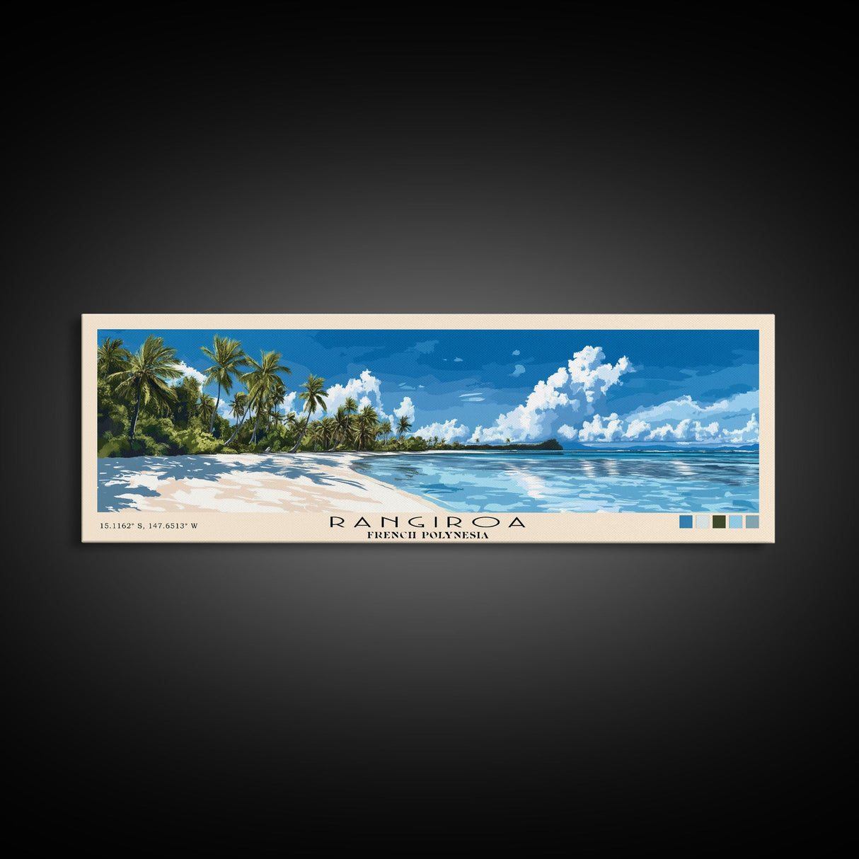 Rangiroa, French Polynesia Panoramic Beach Print, Vacation Gift, French Polynesia Wall Art, Framed Canvas Print, Framed Beach Painting