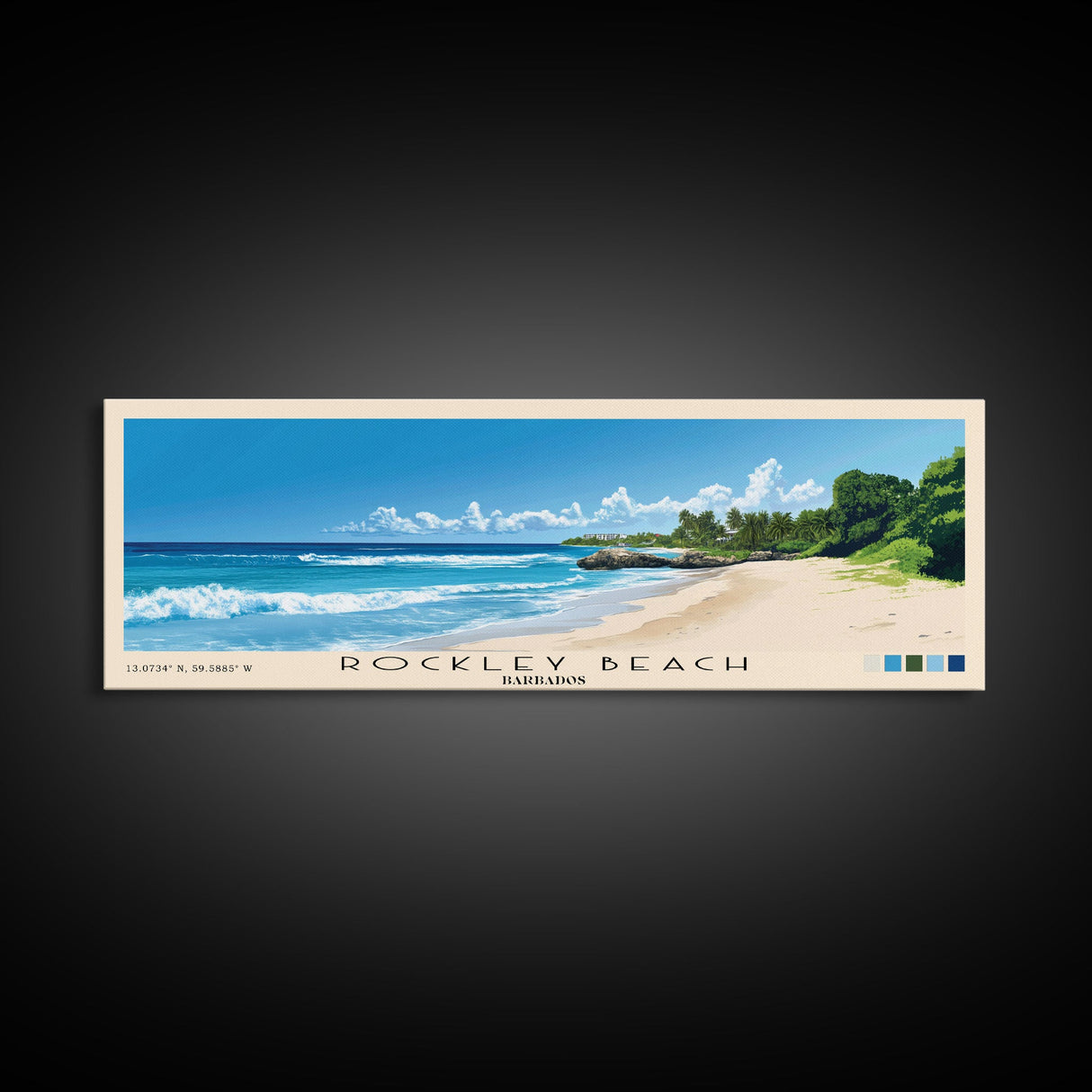 Rockley Beach, Barbados Panoramic Beach Print, Vacation Gift, Barbados Wall Art, Framed Canvas Print, Framed Beach Painting