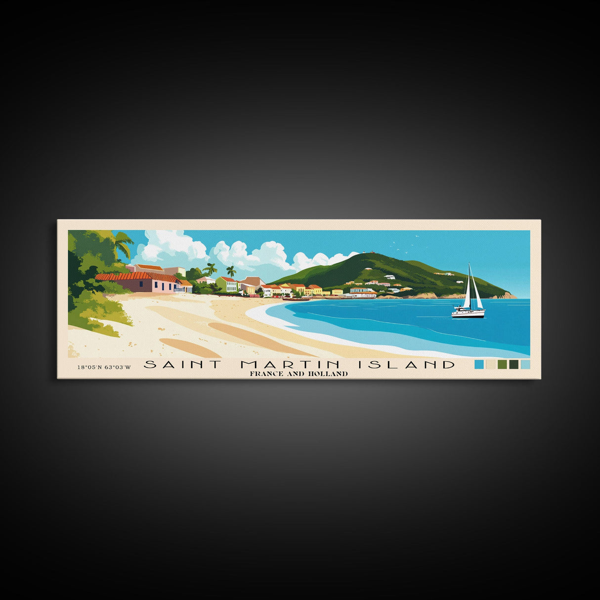 Saint Martin Island, France and Holland Panoramic Beach Print, Vacation Gift, France and Holland Wall Art, Beach Painting, Beach Decor, Beach Painting