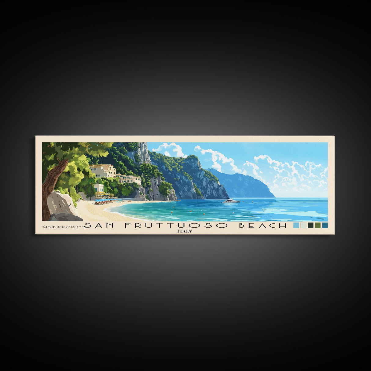 San Fruttuoso Beach, Italy Panoramic Print, Vacation Gift, Italy Wall Art, Beach Painting, Beach Decor, Large Wall Art, Wood Frame Art