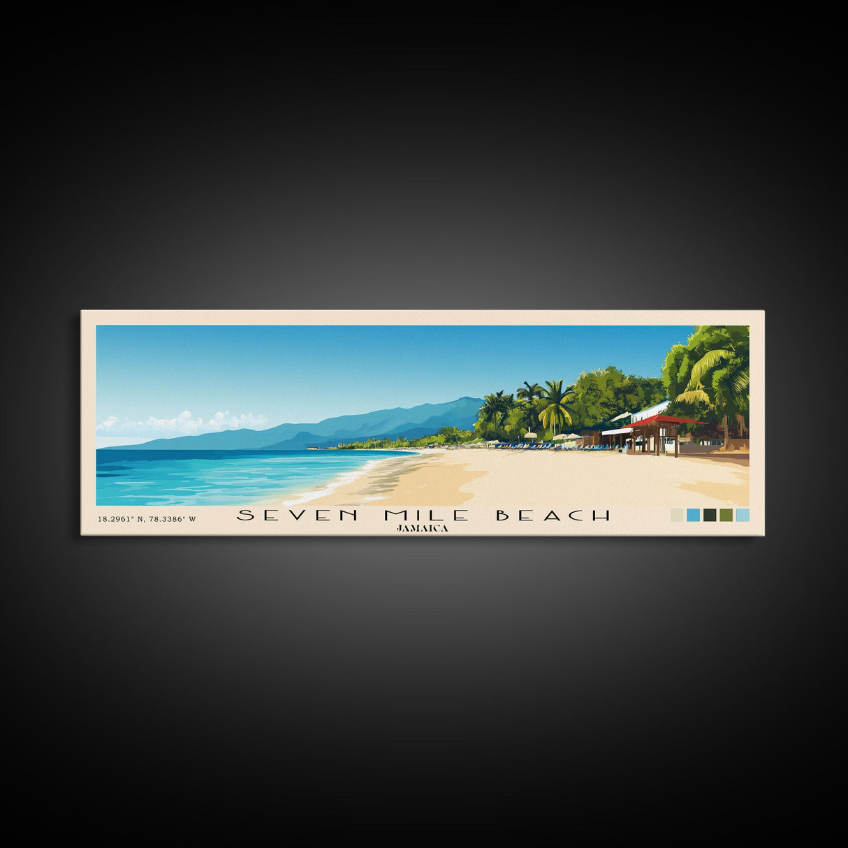 Seven Mile Beach, Jamaica Panoramic Print, Vacation Gift, Jamaica Wall Art, Beach Painting, Beach Decor, Large Wall Art, Wood Frame Art