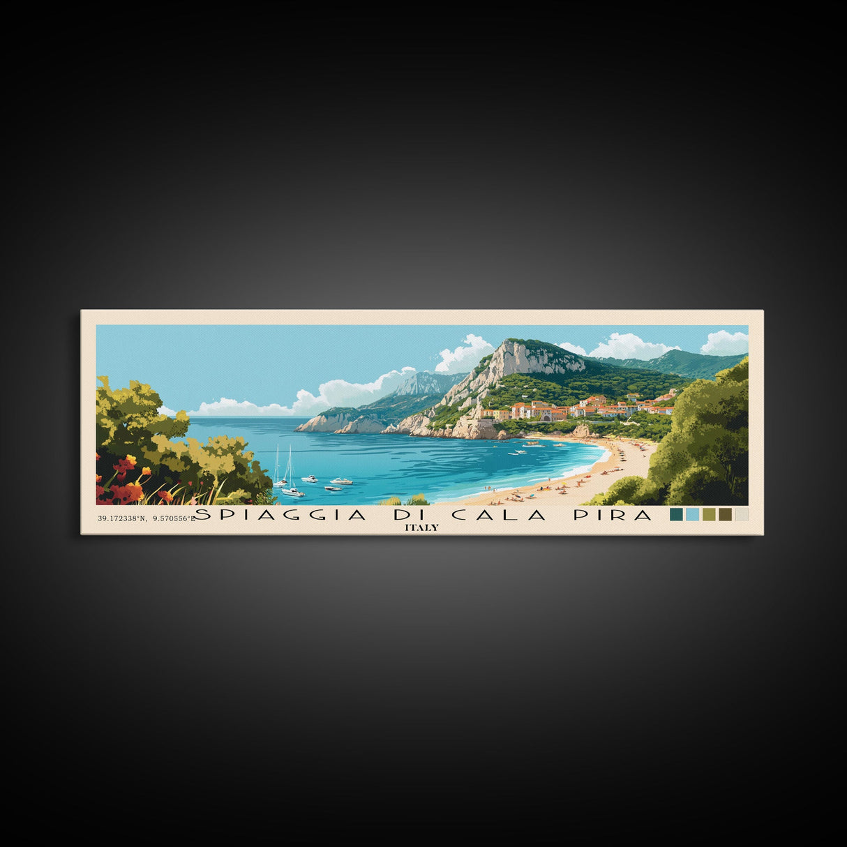 Spiaggia di Cala Pira, Italy Panoramic Beach Print, Vacation Gift, Italy Wall Art, Framed Canvas Print, Framed Beach Painting