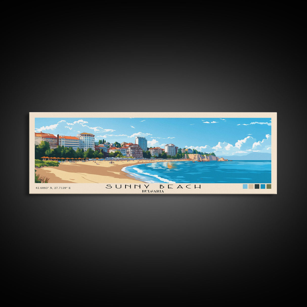 Sunny Beach, Bulgaria Panoramic Print, Vacation Gift, Bulgaria Wall Art, Beach Painting, Beach Decor, Beach Or Lakehouse Art