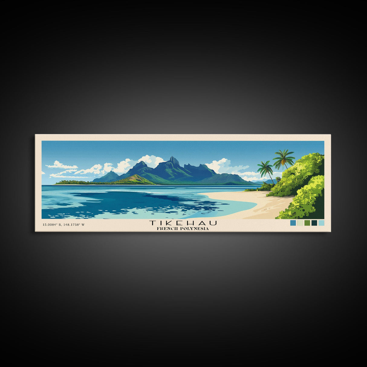 Tikehau, French Polynesia Panoramic Print, Vacation Gift, French Polynesia Wall Art, Beach Painting, Beach Decor, Large Wall Art, Wood Frame Art