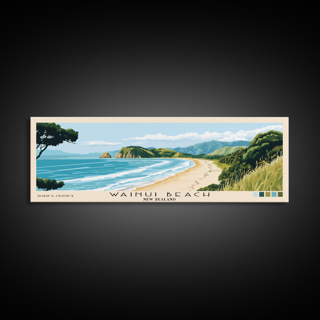 Wainui Beach, New Zealand Panoramic Beach Print, Vacation Gift, New Zealand Wall Art, Framed Canvas Print, Framed Beach Painting