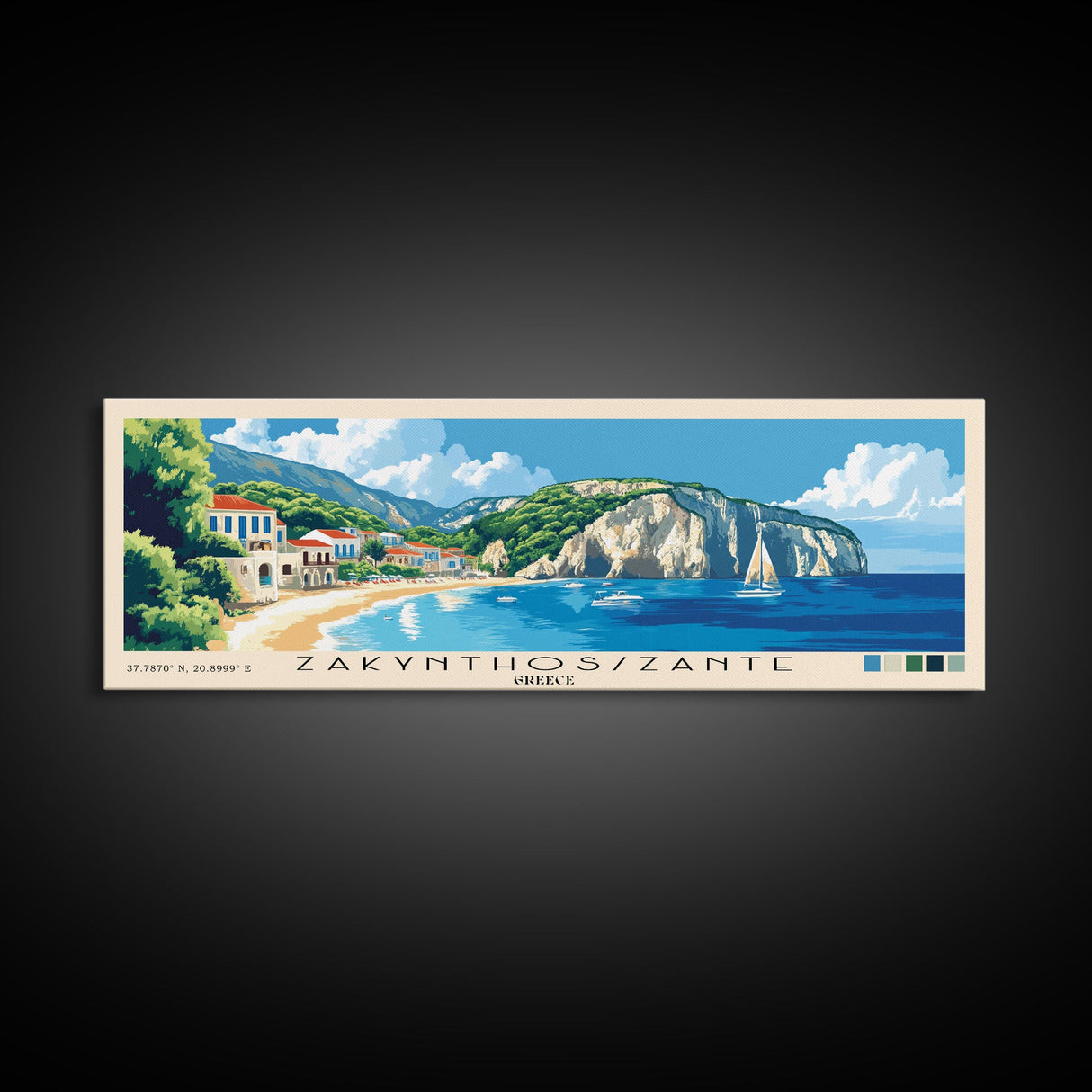 Zakynthos/Zante, Greece Panoramic Beach Print, Vacation Gift, Greece Wall Art, Framed Canvas Print, Framed Beach Painting