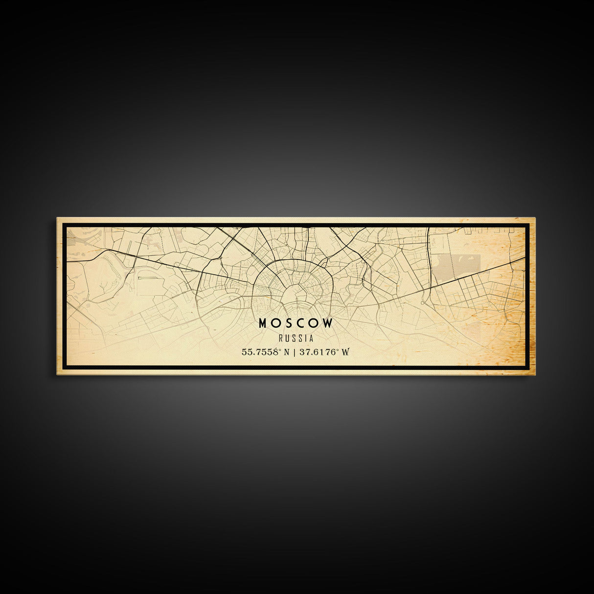 Vintage Style Panoramic Moscow City Map Wall Art Canvas Print, Distressed Russia Map, Framed Wall Art, Cool Travel Wall Art, Office Art