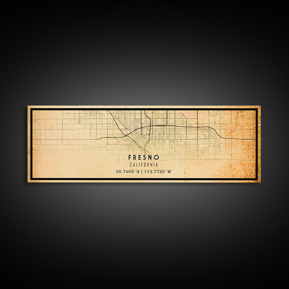 Panoramic Distressed Fresno California Map, Framed Canvas Print Or Poster, California Map Print, City Wall Art Map Print, Rustic Map Art