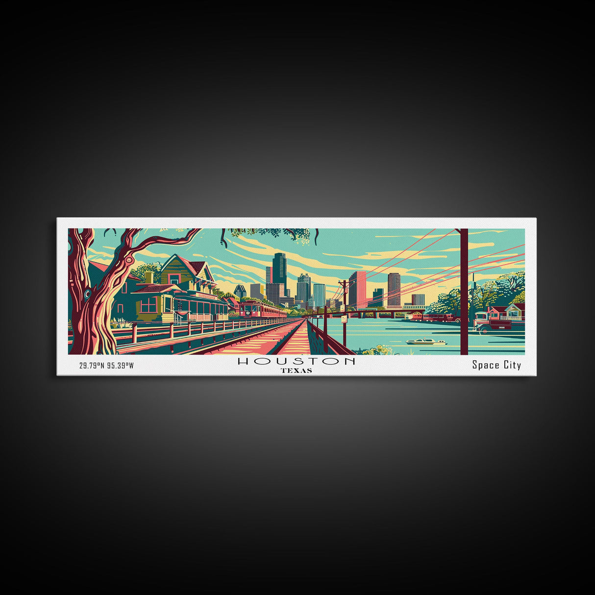 Houston Texas Panoramic Travel Poster Framed Canvas Print, Mid Century Modern Art, Pop Art Style, Wall Art, Living Room Decor, Home Decor, Retro Style Art