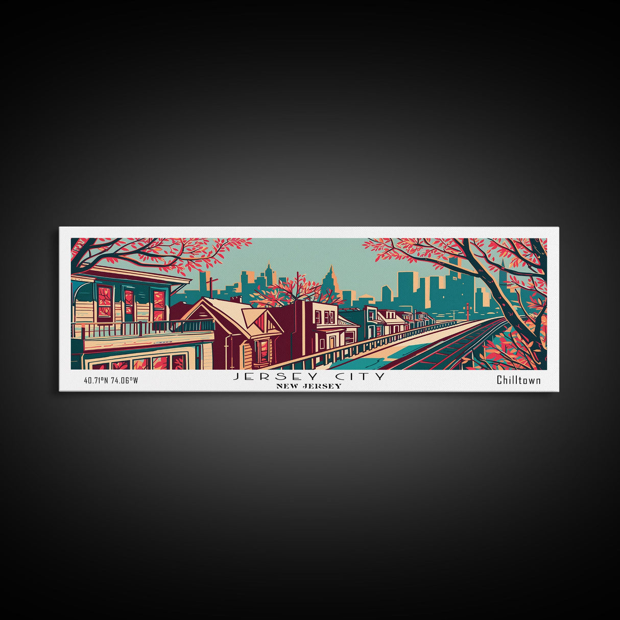 Jersey City New Jersey Panoramic Framed Canvas Print, Travel Poster, Mid Century Modern Art, Pop Art Style, Wall Decor, Office Art, Home Decor, Living Room Art