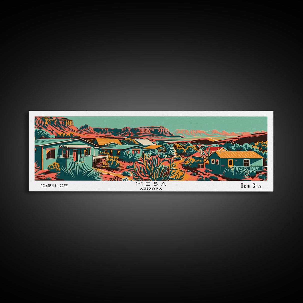 Mesa Arizona Panoramic Travel Poster Framed Canvas Print, Mid Century Modern Art, Pop Art Style, Wall Art, Home Decor, Office Wall Art