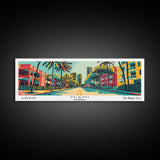 Miami Florida Panoramic Painting Framed Canvas Print, Travel Poster, Mid Century Modern Art, Pop Art Style, Wall Decor, Office Wall Art