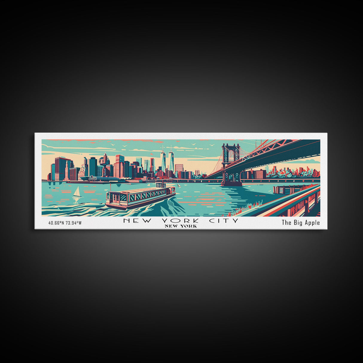 New York New York Panoramic Wall Art Framed Canvas Print, Travel Poster, Mid Century Modern Art, Pop Art Style, Wall Decor, Office Wall Art