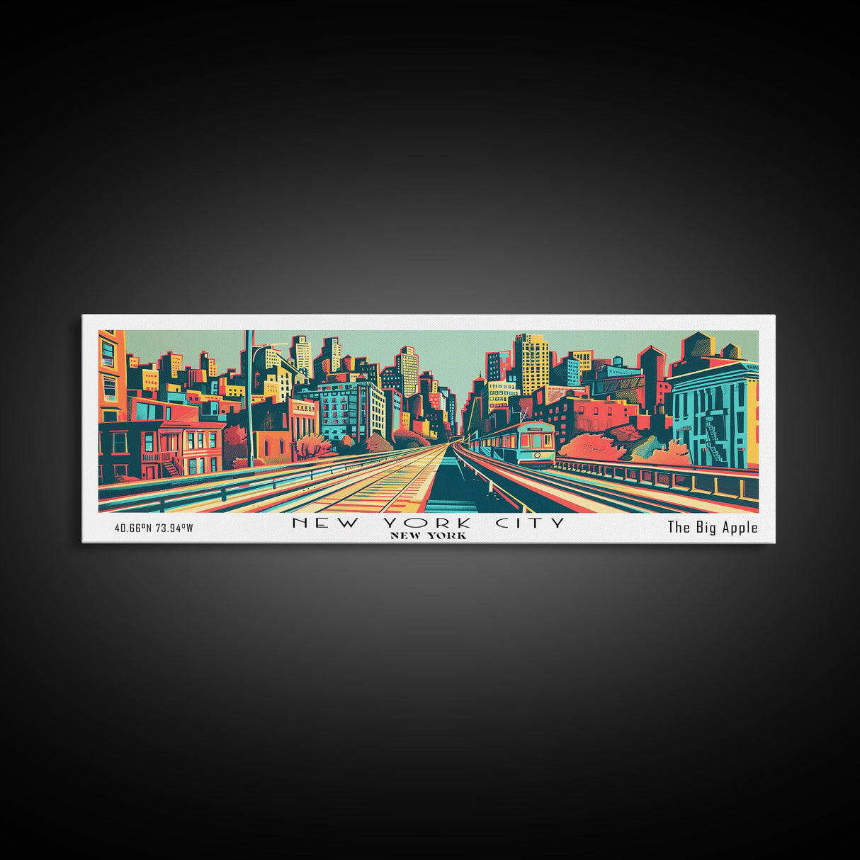 New York New York Panoramic Wall Art Framed Canvas Print, Travel Poster, Mid Century Modern Art, Pop Art Style, Wall Decor, Office Wall Art