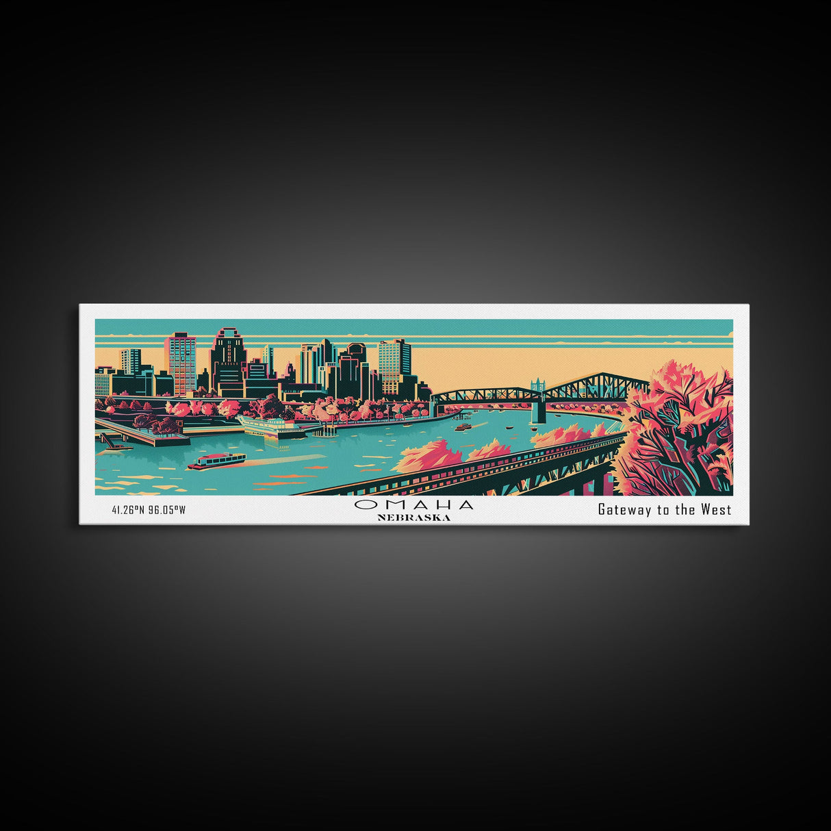 Omaha Nebraska Panoramic Painting Framed Canvas Print, Travel Poster, Mid Century Modern Art, Pop Art Style, Wall Art, Home Decor