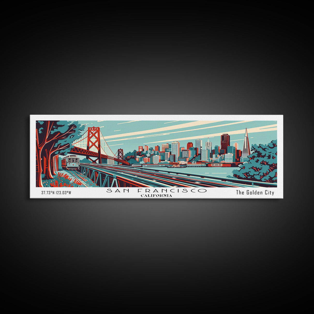 San Francisco California Panoramic Travel Poster Framed Canvas Print, Mid Century Modern Art, Pop Art Style, Wall Art, Home Decor, Retro Style Art