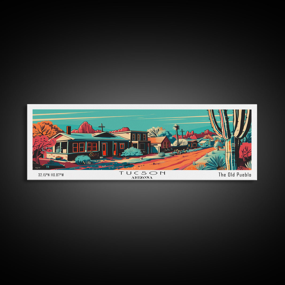 Tucson Arizona Panoramic Wall Art Framed Canvas Print, Travel Poster, Mid Century Modern Art, Pop Art Style, Wall Decor, Office Art