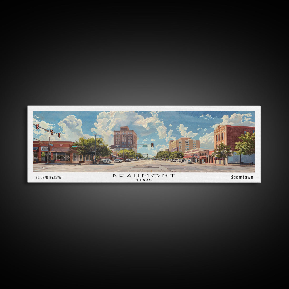 Beaumont Texas Panoramic Painting, Watercolor Framed Canvas Print, Scenic City Art, Travel Poster, Wall Hanging, Living Room Art, Gift Idea