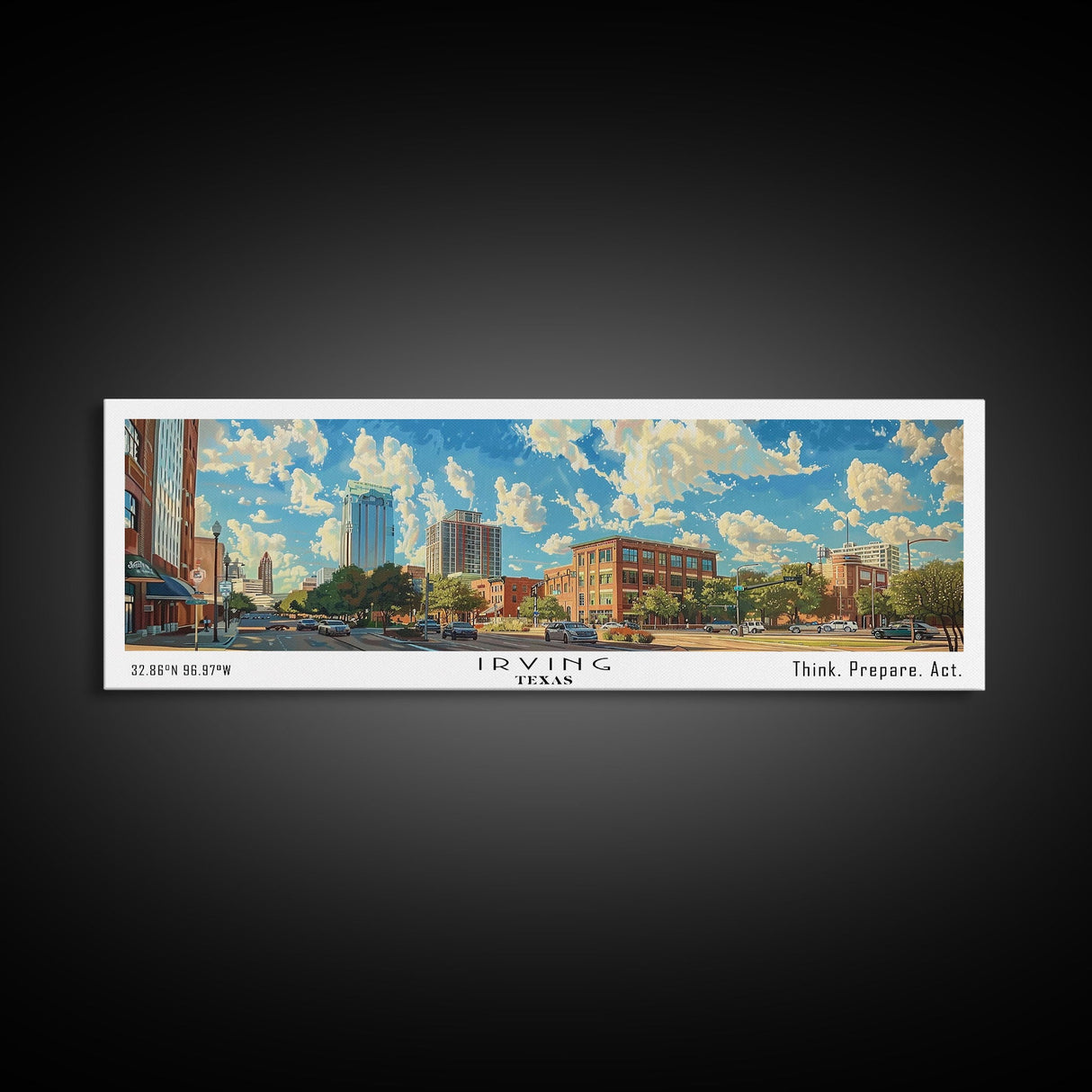 Irving Texas Panoramic Wall Art, Watercolor Framed Canvas Print, Urban Cityscape for Living Room, Travel Poster, Home Decoration