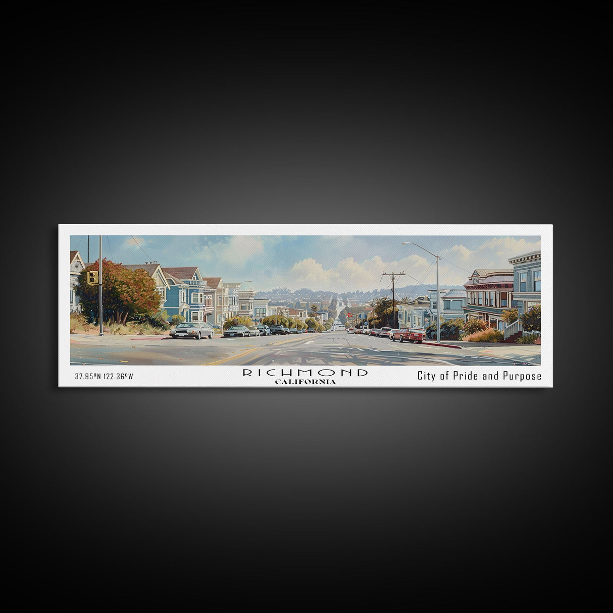 Richmond California Panoramic Print, Trendy Framed Canvas Print, Travel Poster Art, Home Decor, Wall Art, Gift Idea