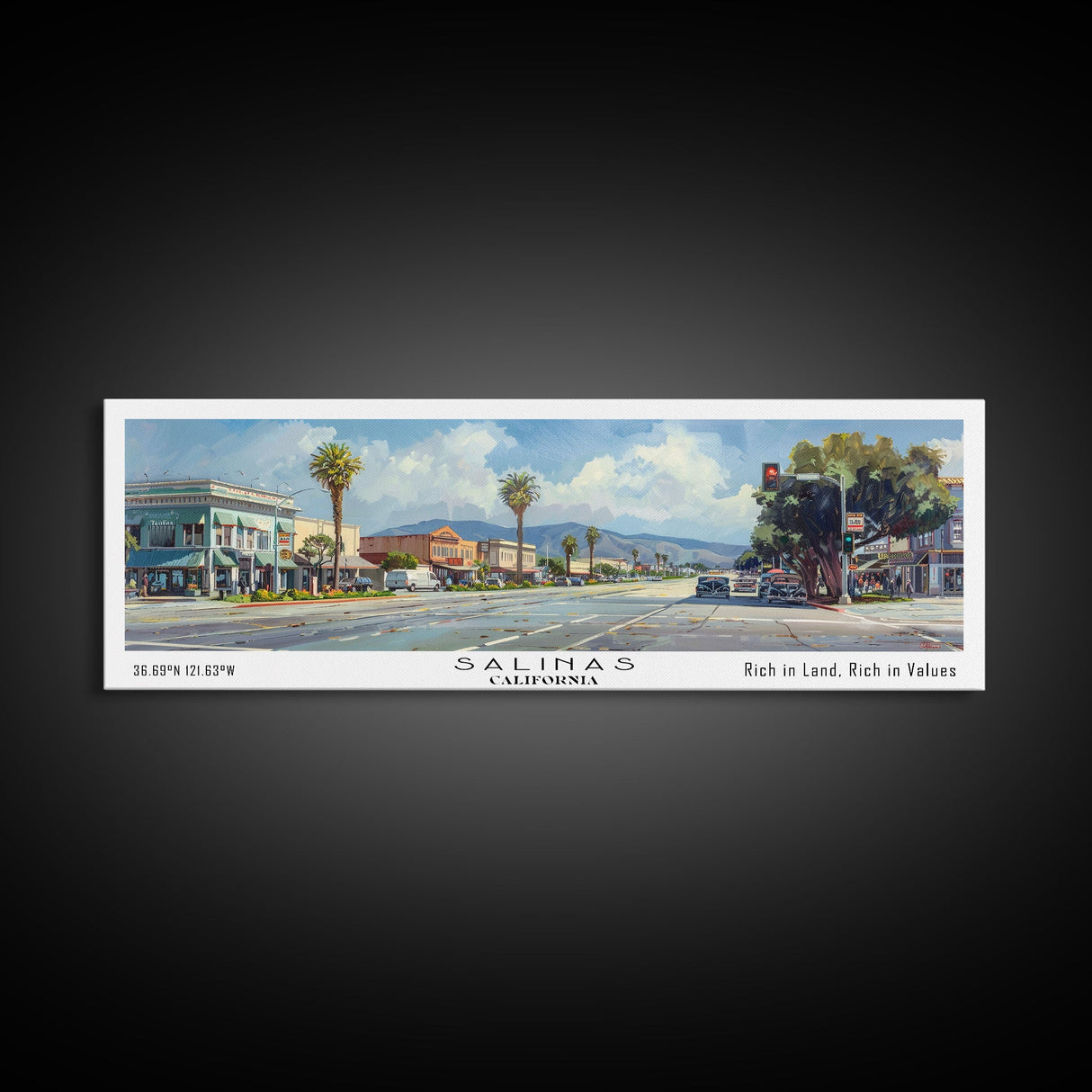 Salinas California Panoramic Print, Artistic Framed Canvas Print, Travel Poster Art, Home Decor, Living Room Wall Art