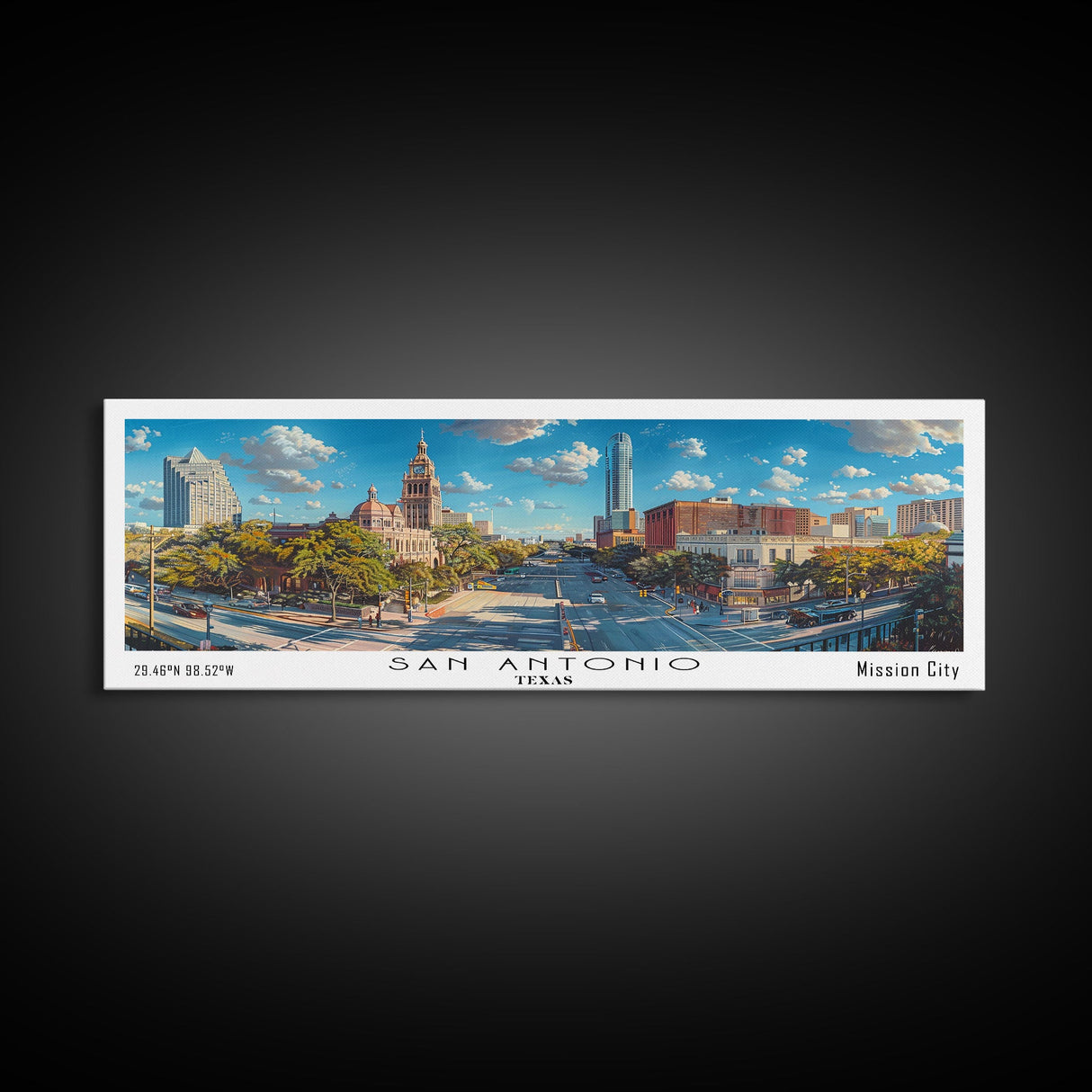 San Antonio Texas Panoramic Print, Trendy Framed Canvas Print, Travel Poster Art, Living Room Decor, Home Wall Art