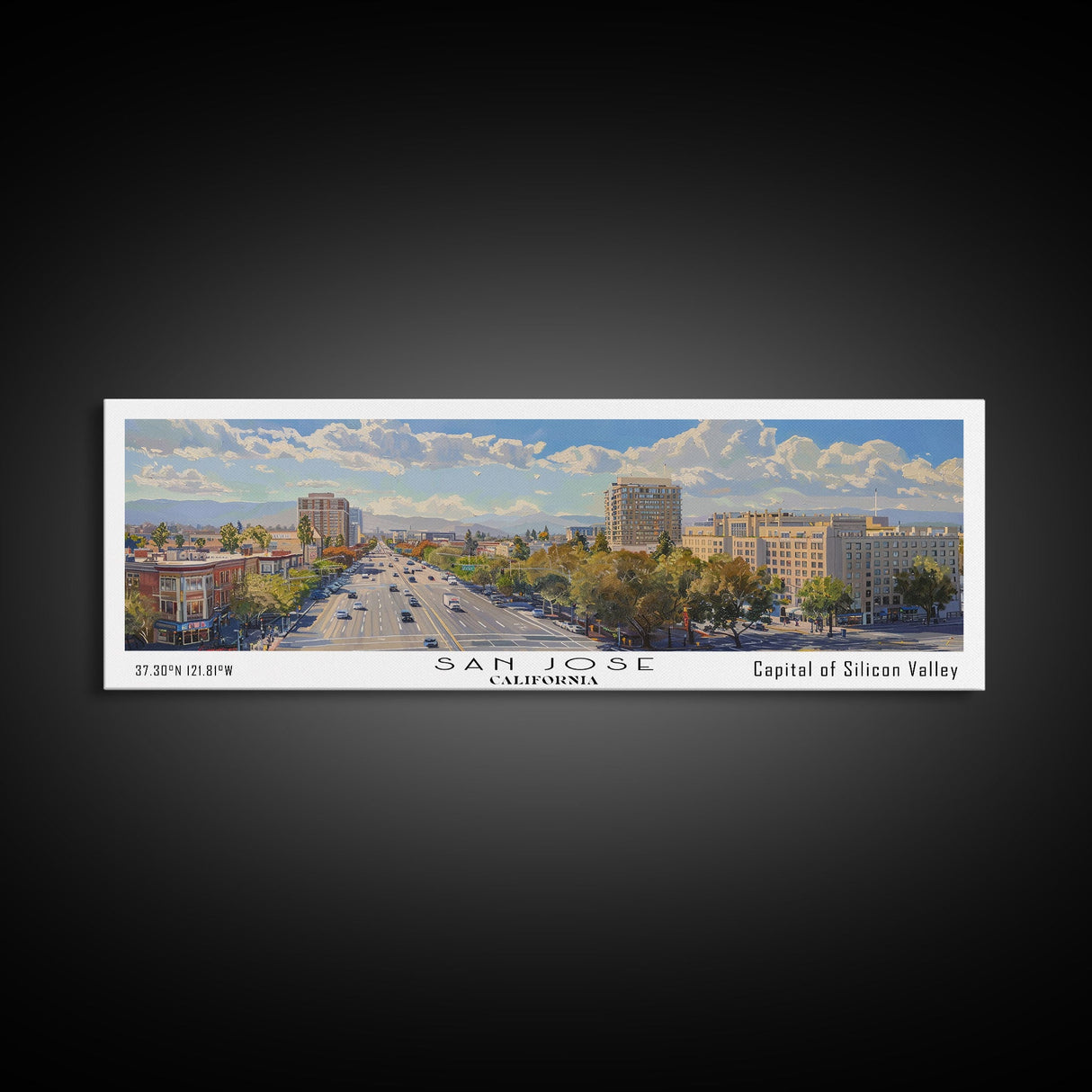 San Jose California Panoramic Print, Artistic Framed Canvas Print, City Travel Poster, Home Decoration, Office Wall Art