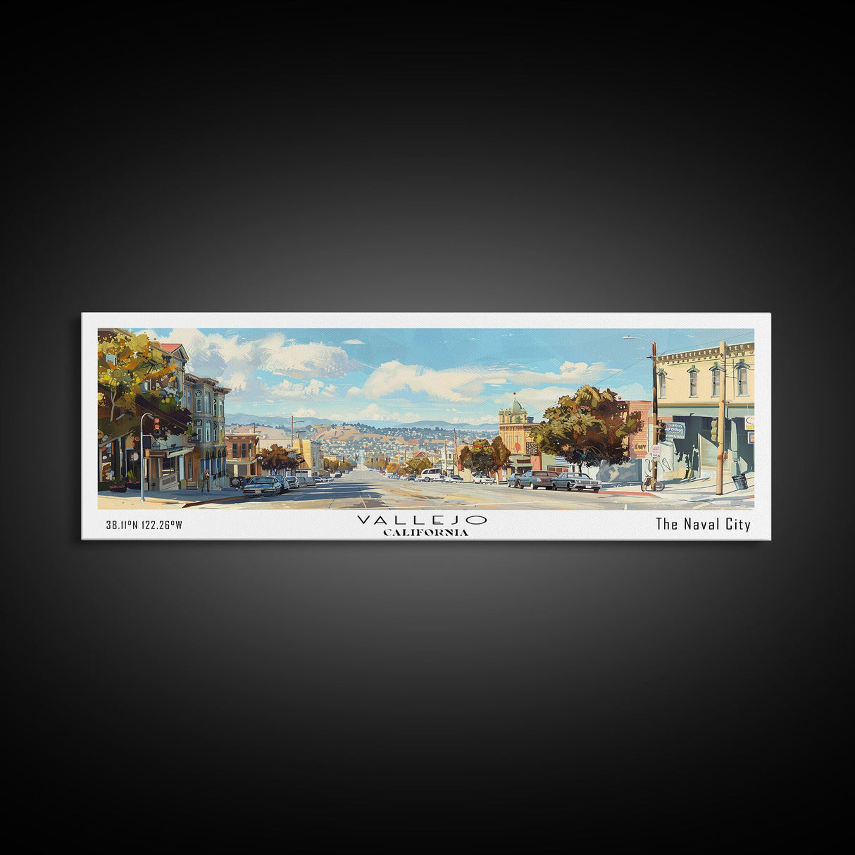 Vallejo California Panoramic Framed Canvas Print, Retro Travel Poster, Unique Wall Art, Artistic Living Room Decor, Office Gift, Home Decoration