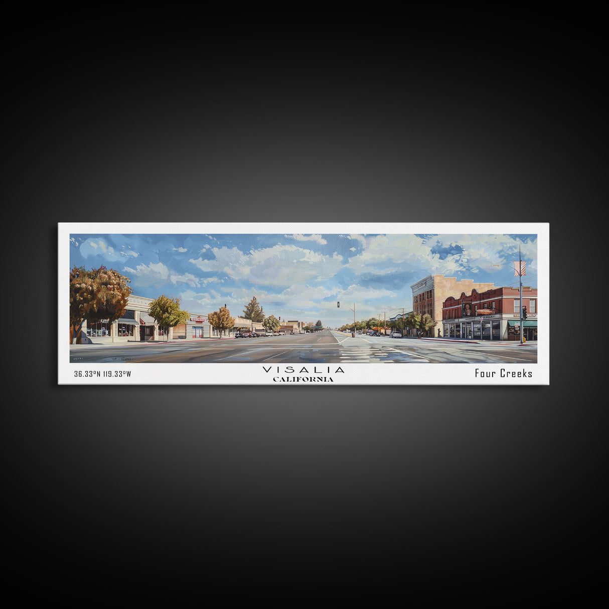 Visalia California Panoramic Framed Canvas Print, Retro Travel Poster, Artistic Wall Art, Unique Living Room Decor, Office Gift Idea, Original Artwork