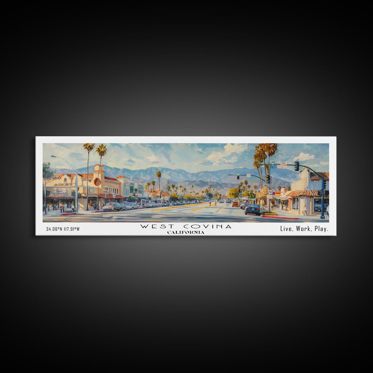 West Covina California Panoramic Framed Canvas Print, Retro Travel Poster, Unique Wall Art, Artistic Living Room Decor, Office Gift, Original Artwork