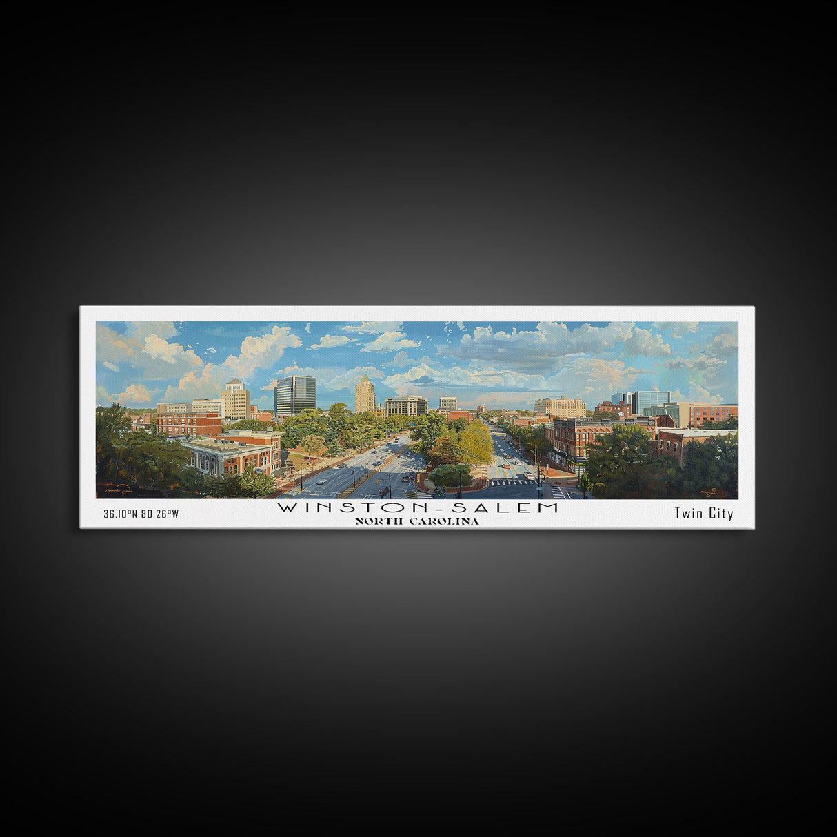 Winston-Salem North Carolina Panoramic Framed Canvas Print, Retro Travel Poster, Artistic Wall Art, Unique Living Room Decor, Office Gift, Original Artwork