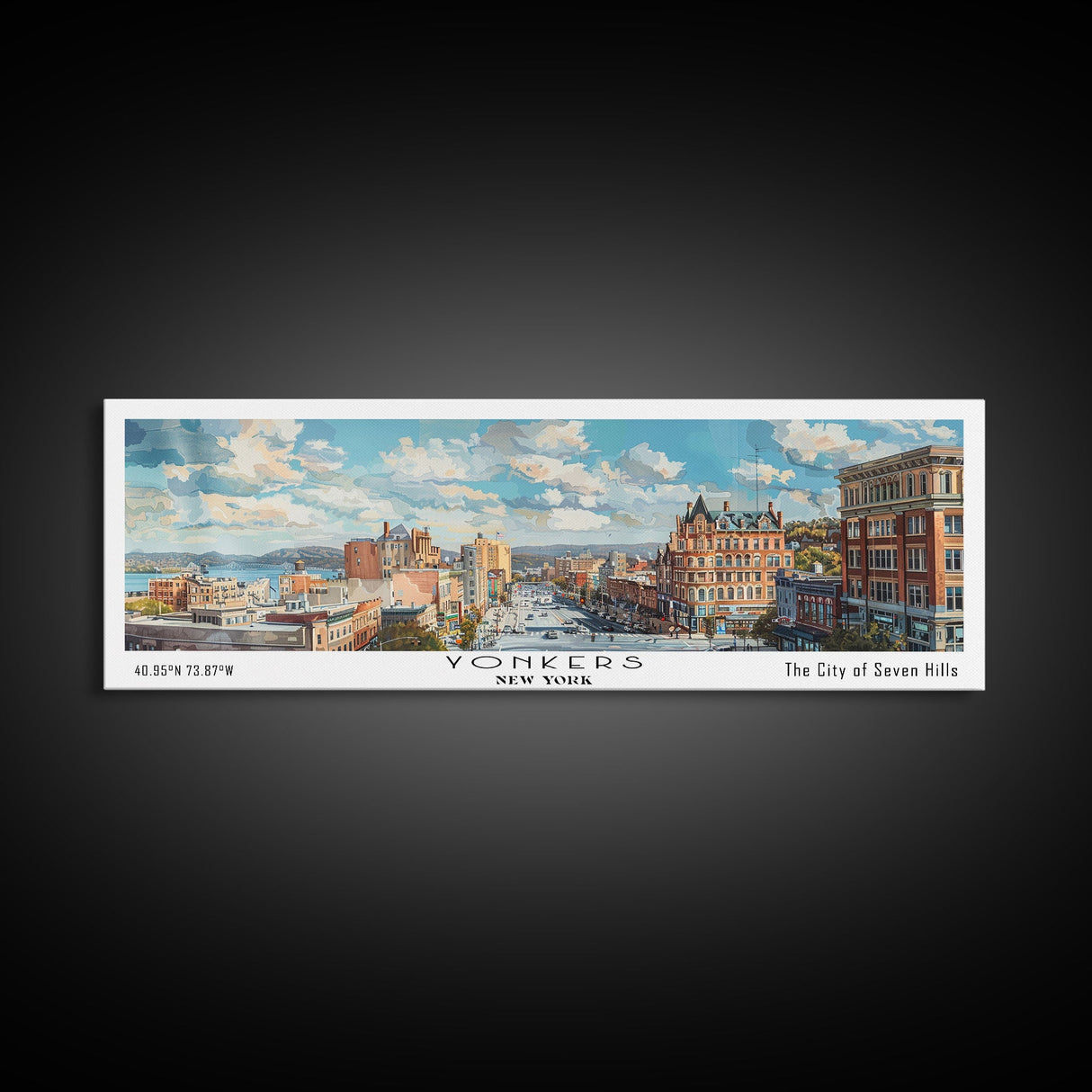 Yonkers New York Panoramic Framed Canvas Print, Retro Style Travel Poster, Artistic Wall Art, Unique Office Decor, Living Room Gift