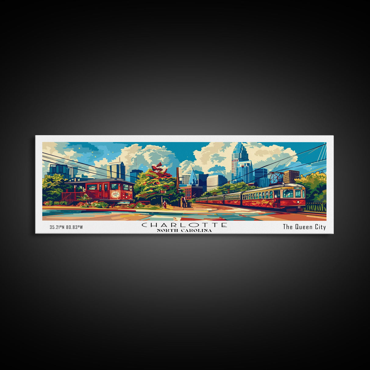 Charlotte North Carolina Panoramic Painting Framed Canvas Print, Mid Century Modern Art, Pop Art Style, Travel Poster, Wall Art Decor