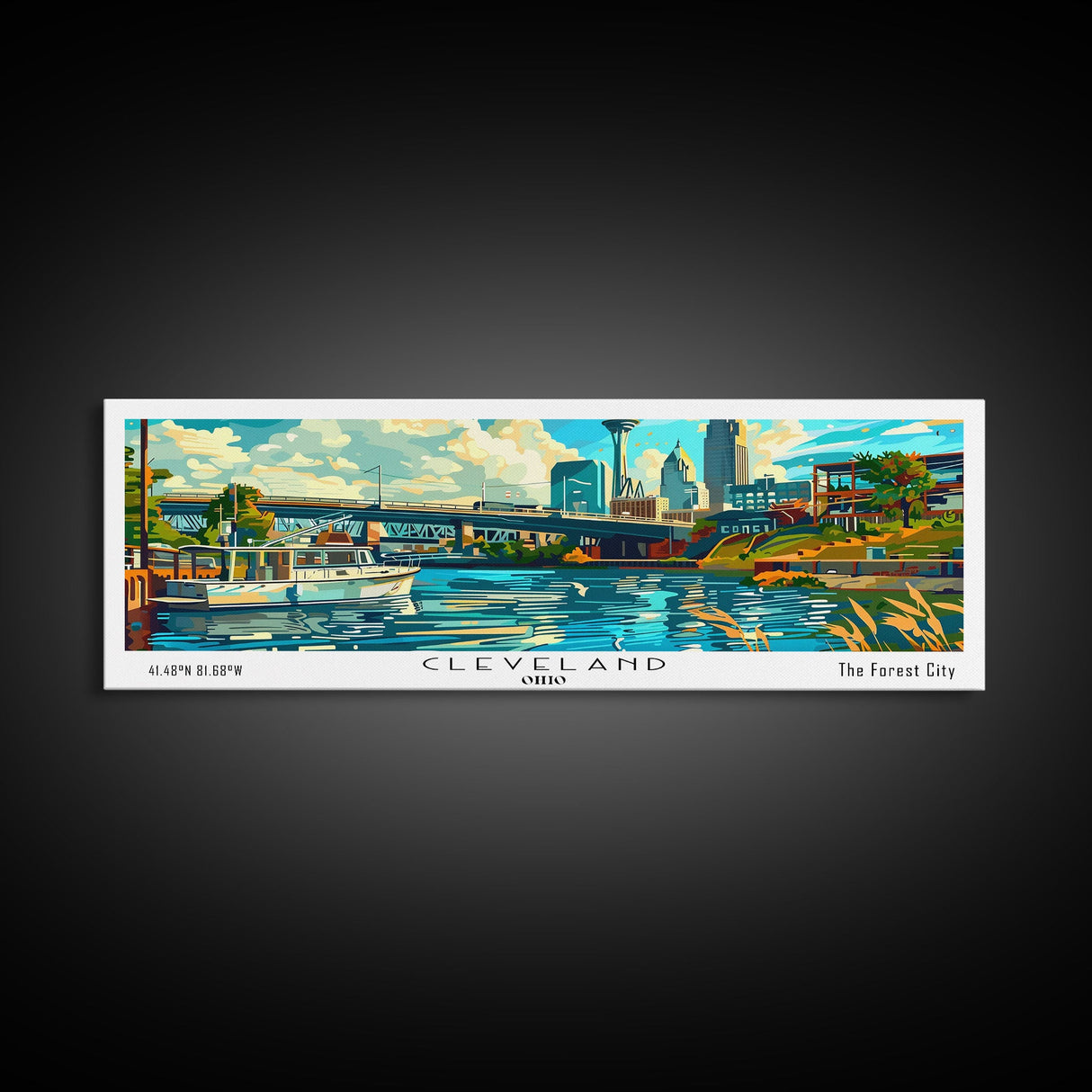 Cleveland Ohio Panoramic Wall Art Framed Canvas Print, Mid Century Modern Art, Pop Art Style, Travel Poster, Home Decor, Retro Style