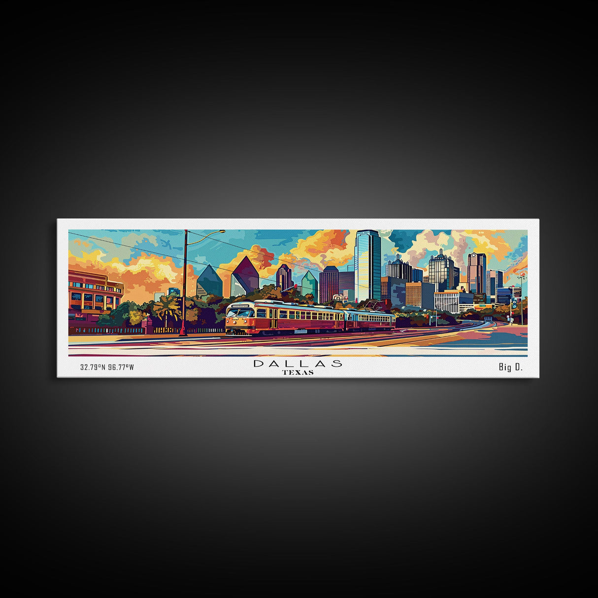 Dallas Texas Panoramic Wall Art Framed Canvas Print, Mid Century Modern Art, Pop Art Style, Travel Poster, Home Decor, Wall Hanging