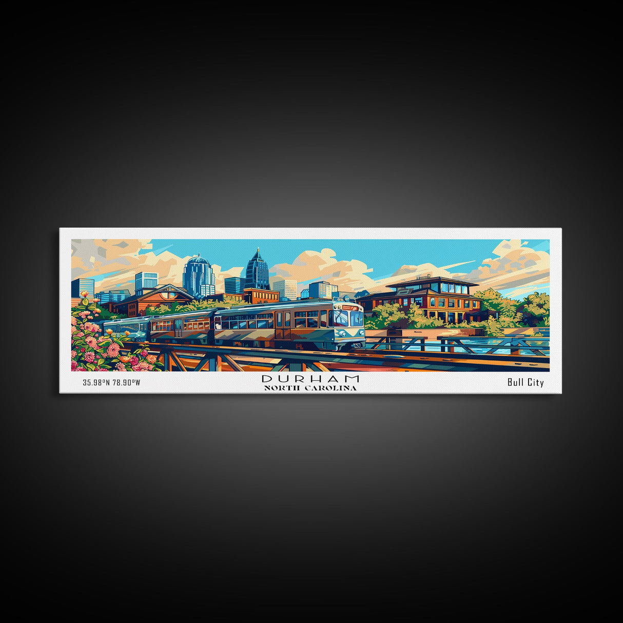 Durham North Carolina Panoramic Travel Poster Framed Canvas Print, Mid Century Modern Art, Pop Art Style, Wall Art Decor, Home Decoration