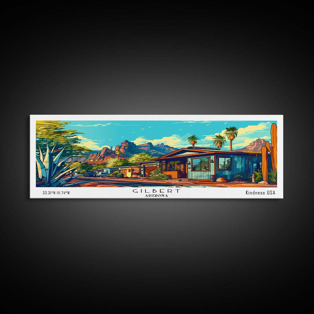 Gilbert Arizona Panoramic Wall Art Framed Canvas Print, Mid Century Modern Art, Pop Art Style, Travel Poster, Home Decor, Retro Style