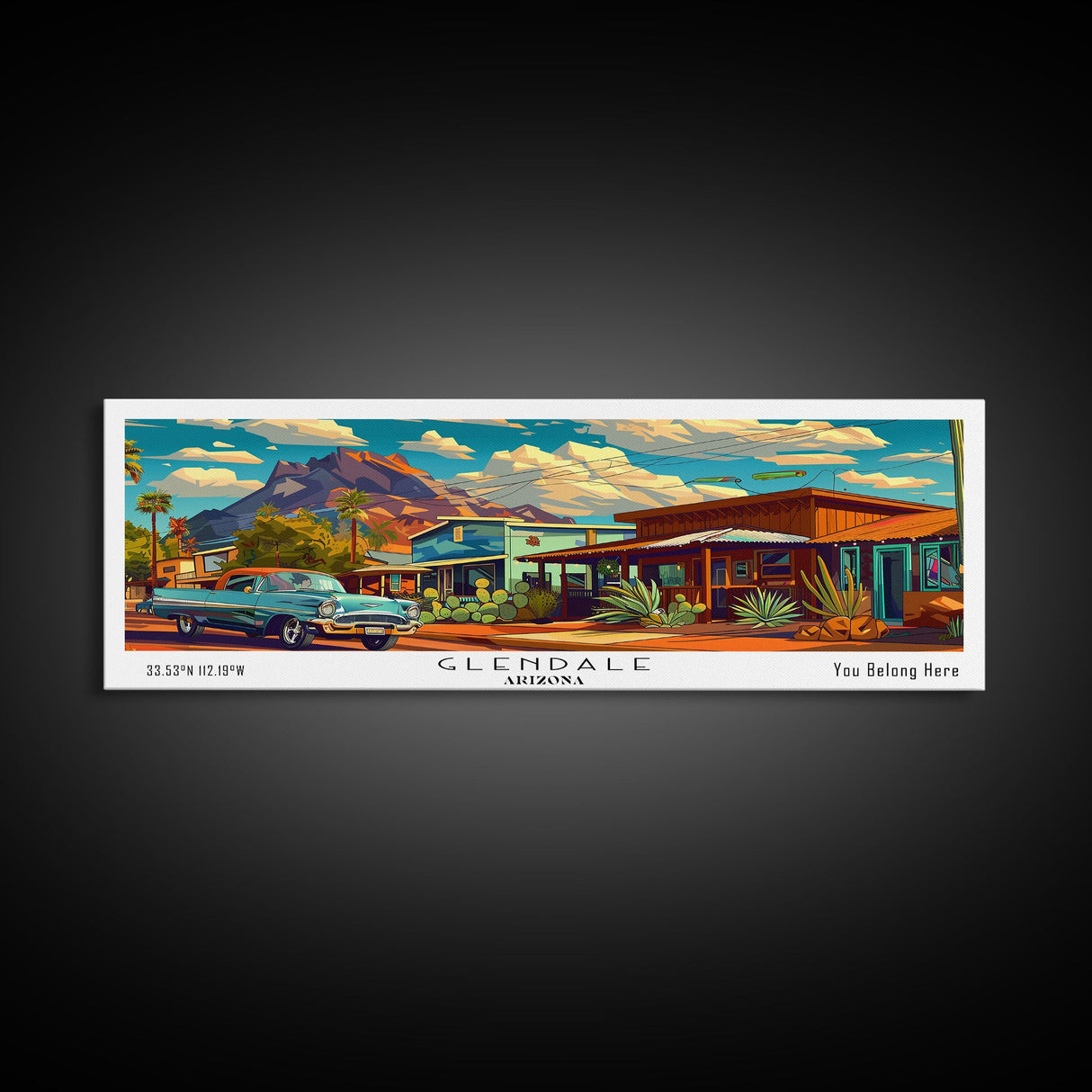 Glendale Arizona Panoramic Painting Framed Canvas Print, Mid Century Modern Art, Pop Art Style, Travel Poster, Wall Art Decor