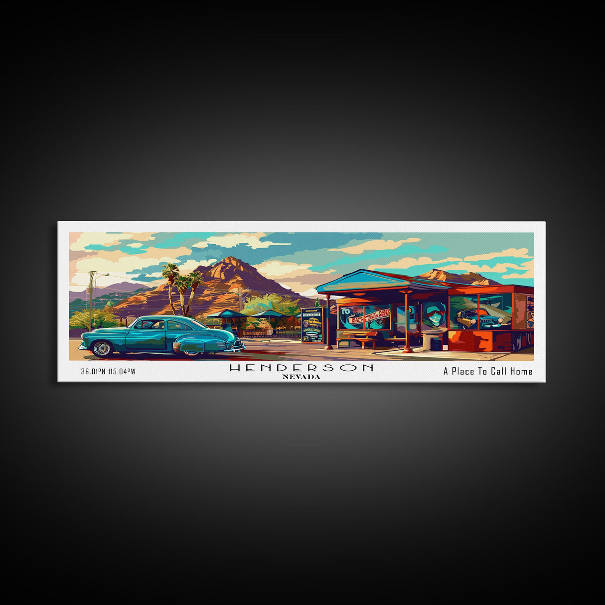 Henderson Nevada Panoramic Painting Framed Canvas Print, Mid Century Modern Art, Pop Art Style, Travel Poster, Living Room Decor