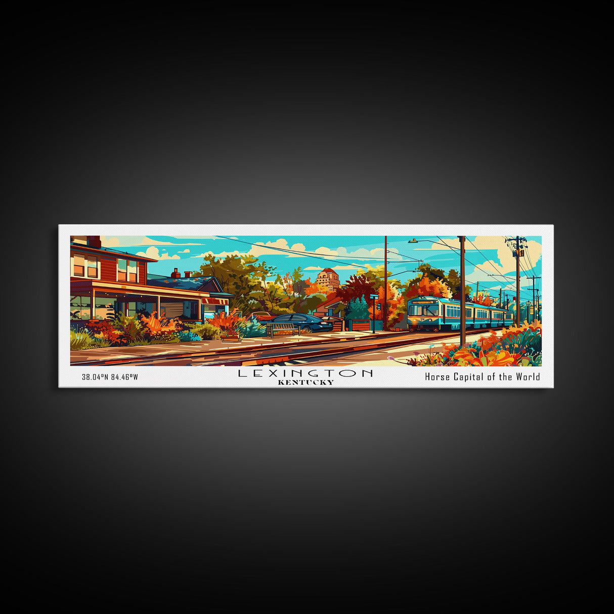 Lexington Kentucky Panoramic Framed Canvas Print, Mid Century Modern Pop Art, Retro Wall Art Decor, Travel Poster Painting