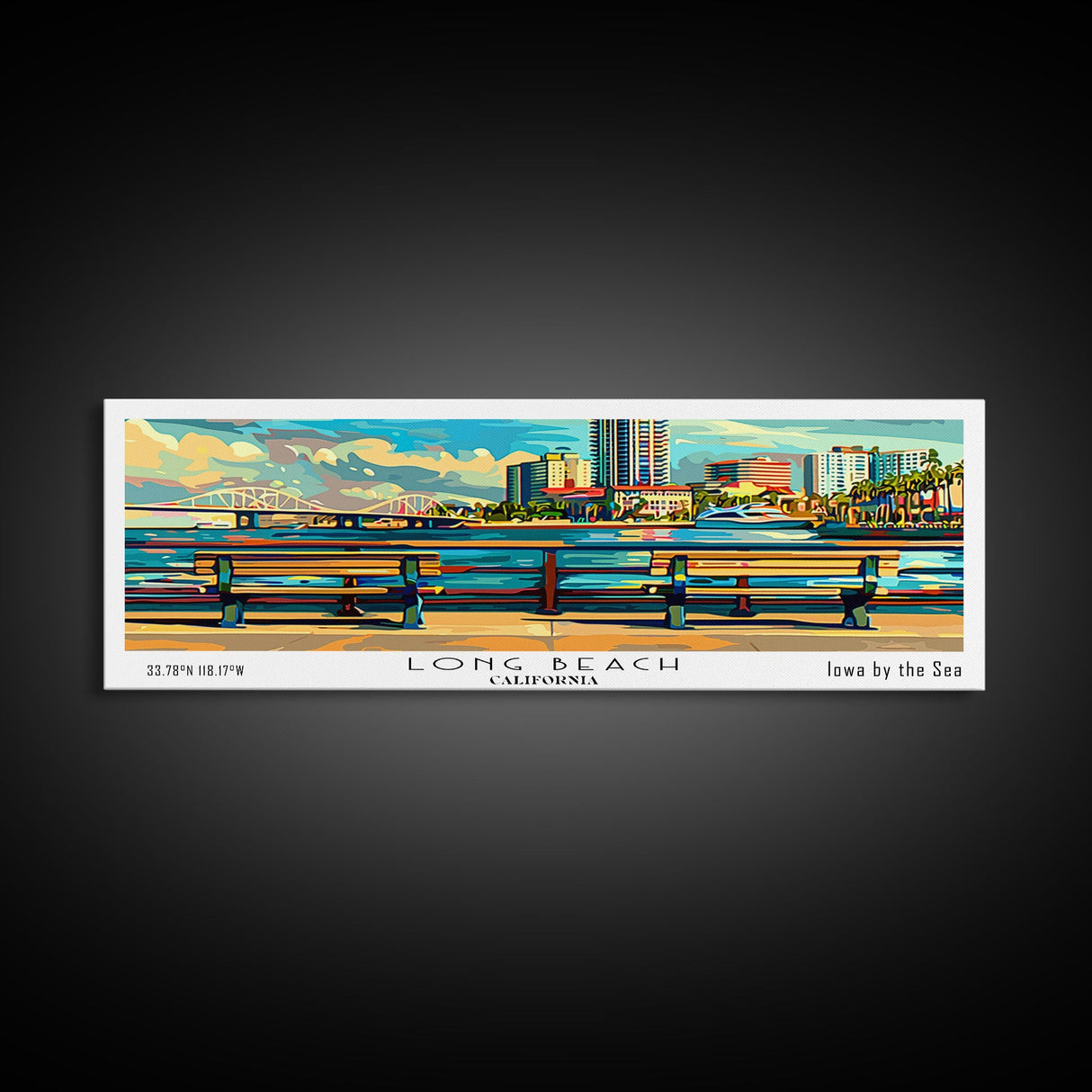 Long Beach California Panoramic Painting, Retro Style Framed Canvas Print, Mid Century Modern Wall Art, Pop Art Travel Poster