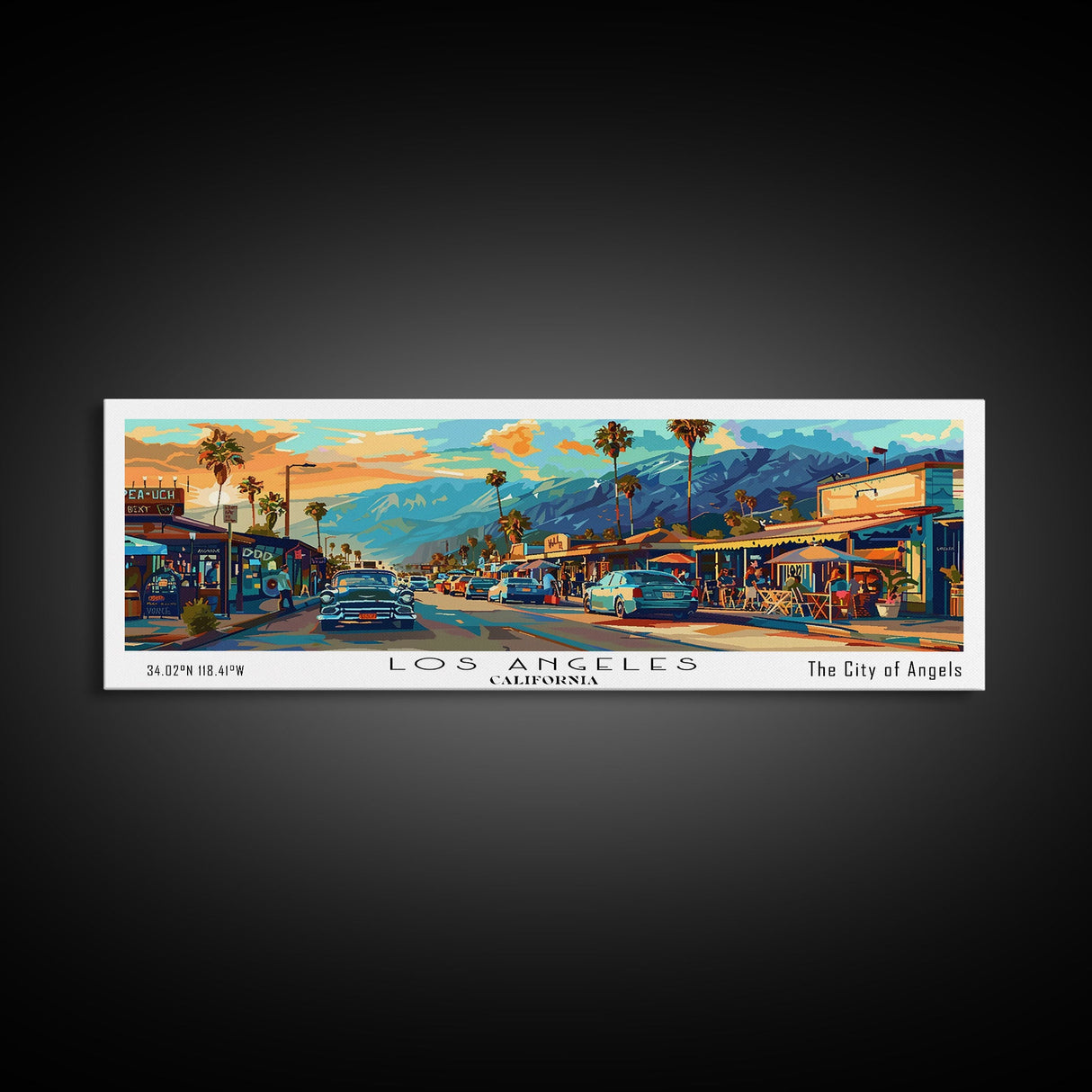 Los Angeles California Panoramic Framed Canvas Print, Mid Century Modern Wall Art, Pop Art Home Decor, Retro Style Travel Poster