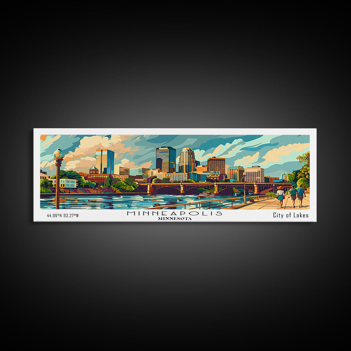 Minneapolis Minnesota Panoramic Wall Art, Mid Century Modern Framed Canvas Print, Retro Pop Art Travel Poster, Home Decor